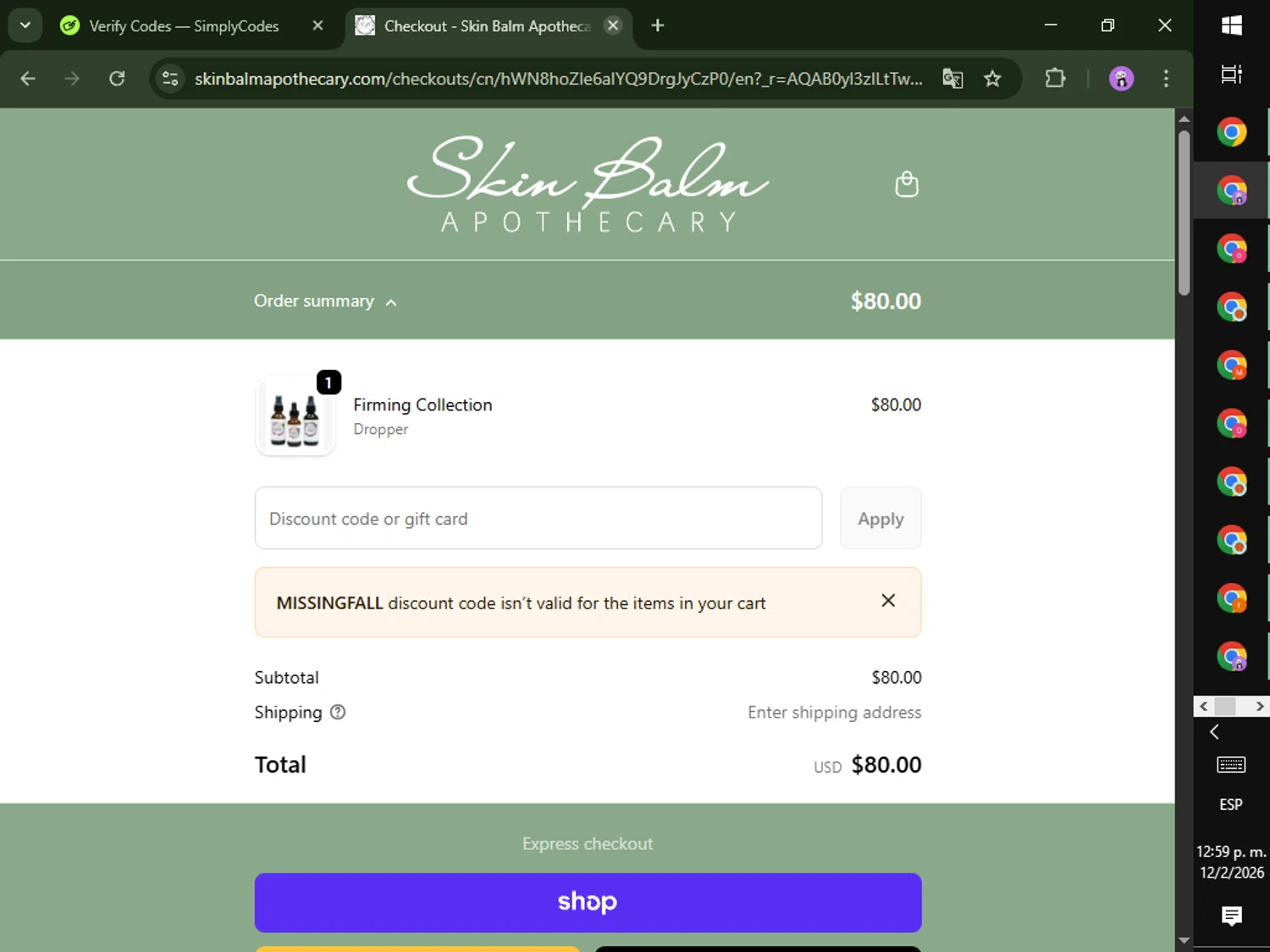 Skin Balm Apothecary checkout page showing Skin Balm Apothecary discount code box | Screenshot taken by SimplyCodes community member on Feb 12, 2026
