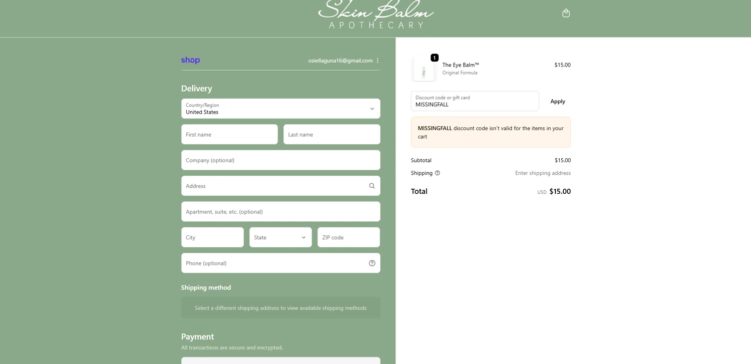 Skin Balm Apothecary discount code screenshot showing code MISSINGFALL applied at Skin Balm Apothecary checkout page. Uploaded by SimplyCodes community member Elosox on Sep 22, 2025