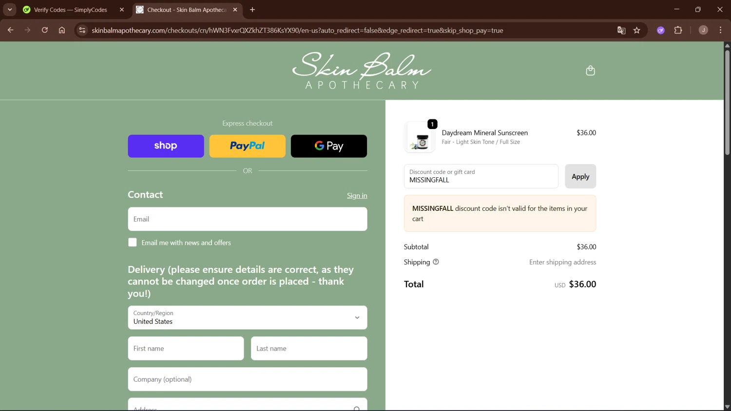 Skin Balm Apothecary discount code screenshot showing code MISSINGFALL applied at Skin Balm Apothecary checkout page. Uploaded by SimplyCodes community member WisePro3955 on Sep 22, 2025