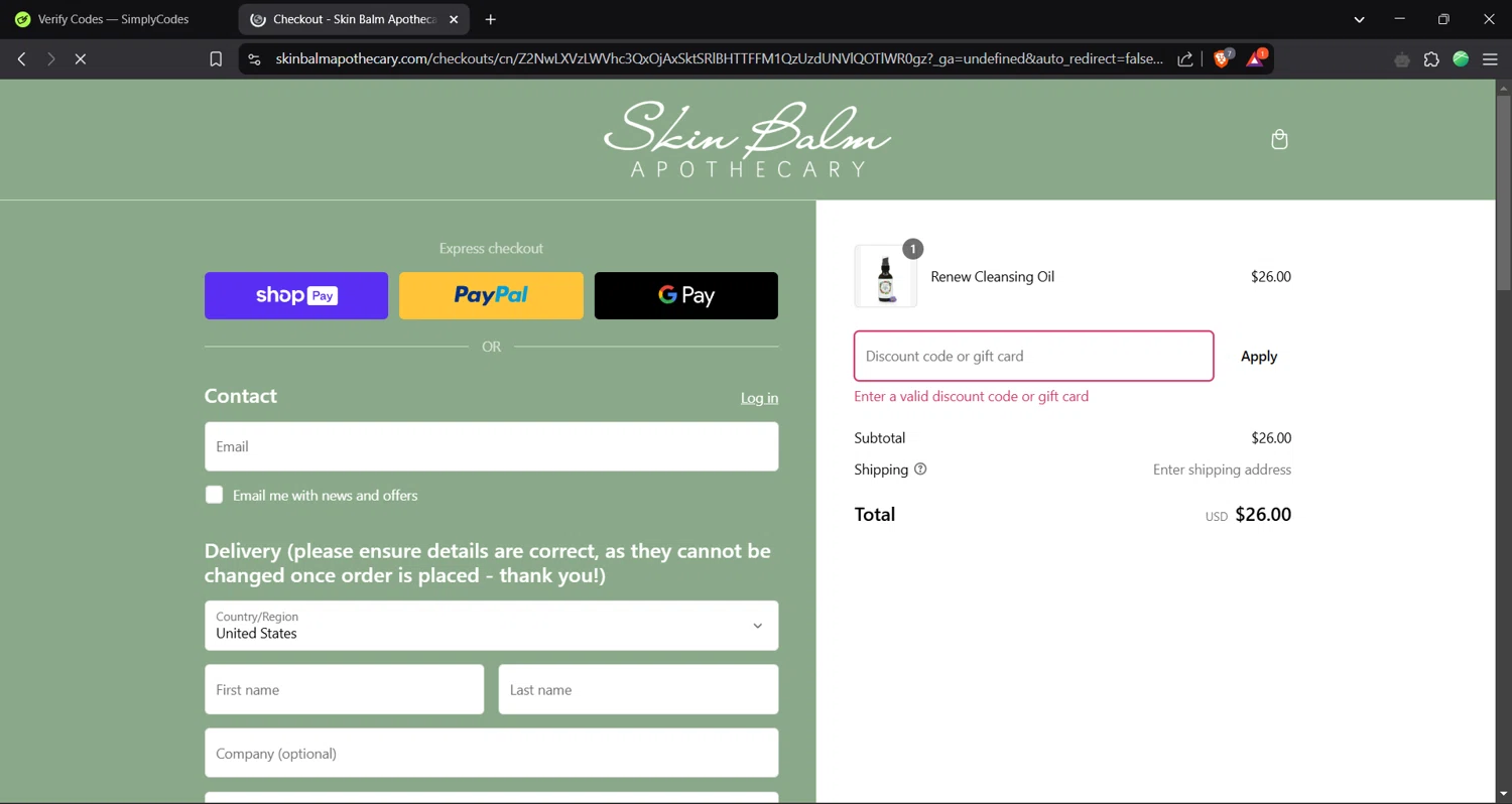 Skin Balm Apothecary discount code screenshot showing code WAKEUPSKIN applied at Skin Balm Apothecary checkout page. Uploaded by SimplyCodes community member Focus_123 on Feb 10, 2025