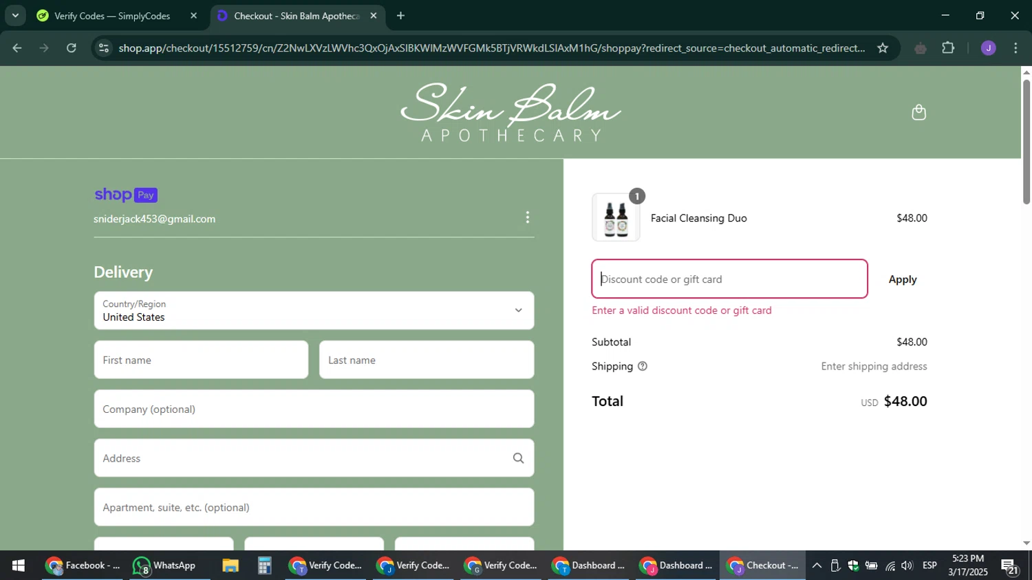 Skin Balm Apothecary discount code screenshot showing code WAKEUPSKIN applied at Skin Balm Apothecary checkout page. Uploaded by SimplyCodes community member sniderjack453 on Mar 17, 2025