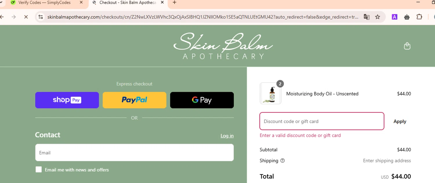 Skin Balm Apothecary discount code screenshot showing code SUNSHINEOIL10 applied at Skin Balm Apothecary checkout page. Uploaded by SimplyCodes community member FortunateMaven6799 on Mar 16, 2025