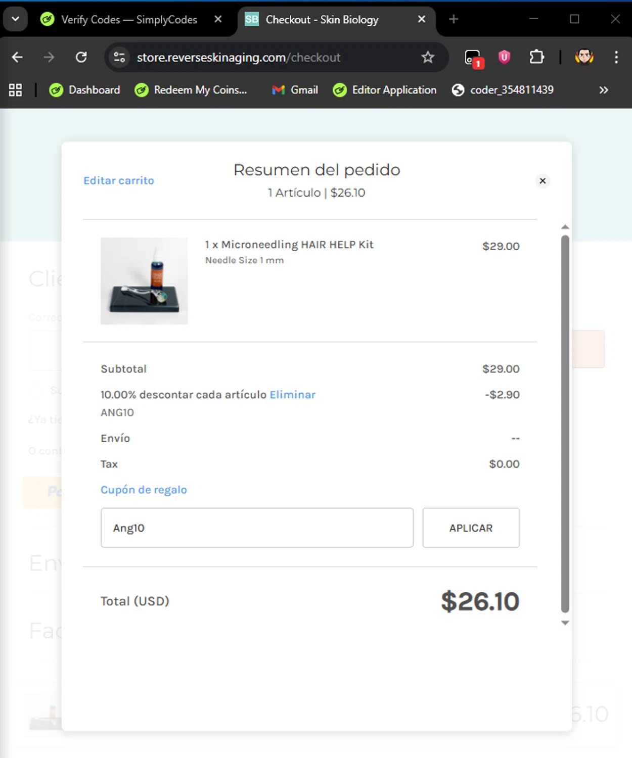 Skin Biology coupon code screenshot showing code Ang10 applied at Skin Biology checkout page. Uploaded by SimplyCodes community member ArizaJuan on Oct 18, 2025