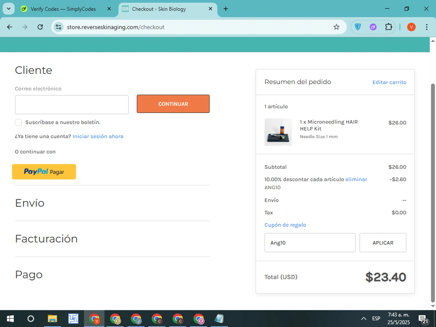 Skin Biology checkout page showing Skin Biology coupon code box | Screenshot taken by SimplyCodes community member on May 25, 2025