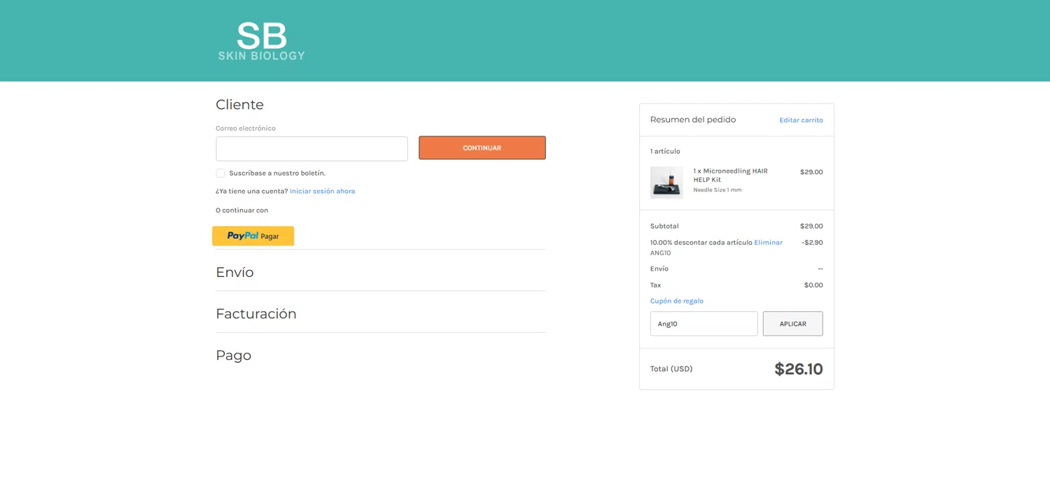 Skin Biology coupon code screenshot showing code Ang10 applied at Skin Biology checkout page. Uploaded by SimplyCodes community member ShieldMaverick9079 on Jul 23, 2025