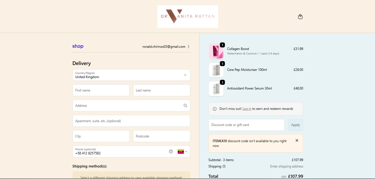 Skincare by Dr V checkout page showing Skincare by Dr V discount code box | Screenshot taken by SimplyCodes community member on Feb 9, 2026
