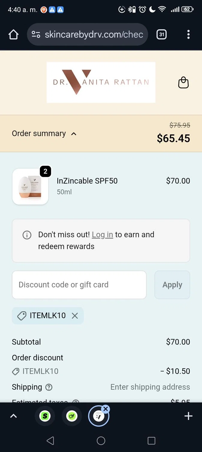 Skincare by Dr V discount code screenshot showing code ITEMLK10 applied at Skincare by Dr V checkout page. Uploaded by SimplyCodes community member George09 on Nov 3, 2025