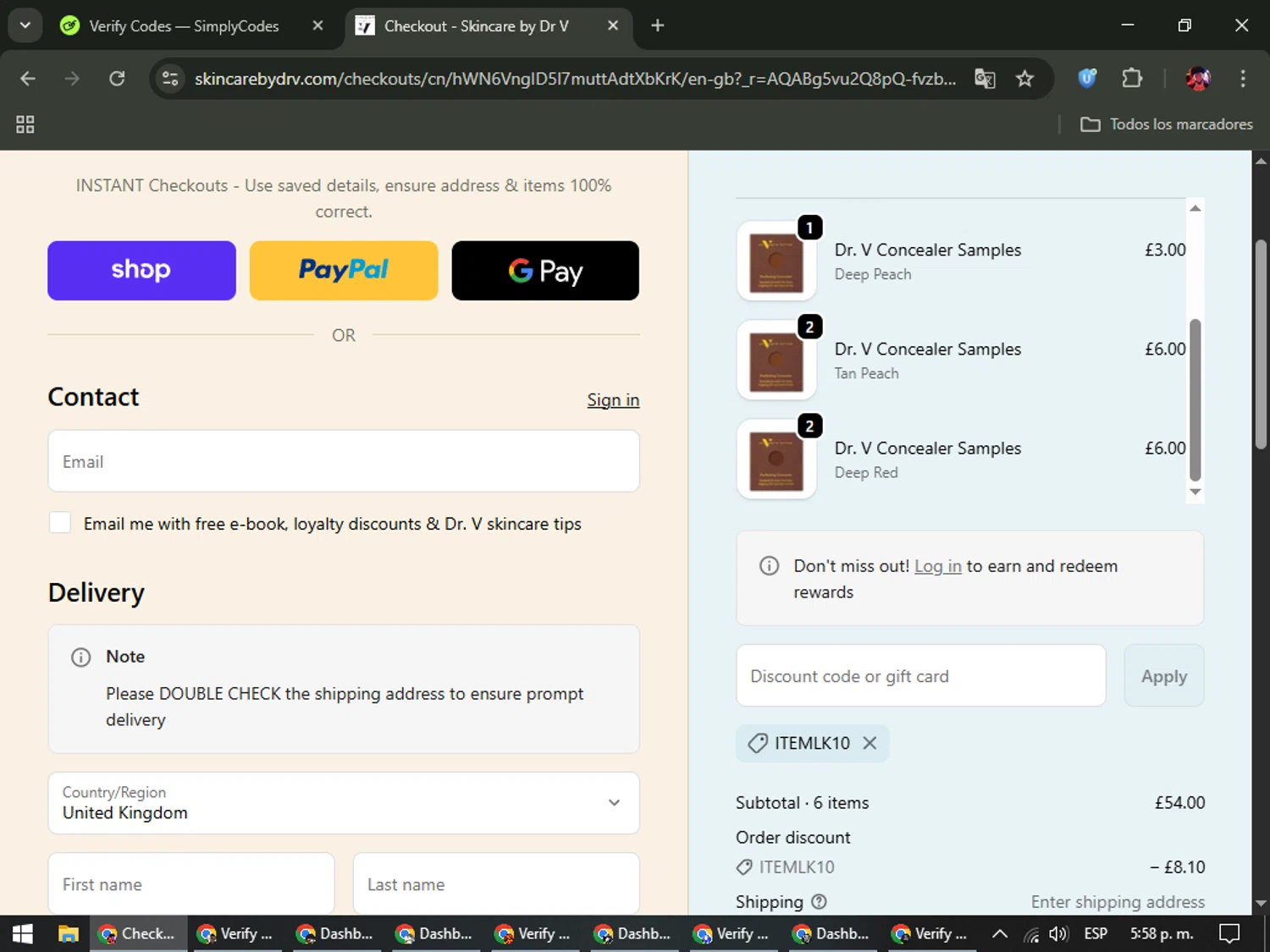 Skincare by Dr V discount code screenshot showing code ITEMLK10 applied at Skincare by Dr V checkout page. Uploaded by SimplyCodes community member SavingsEagle5772 on Dec 16, 2025