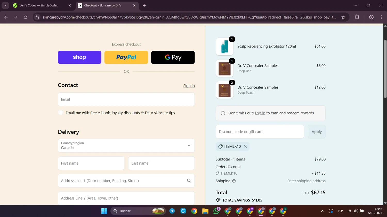 Skincare by Dr V discount code screenshot showing code ITEMLK10 applied at Skincare by Dr V checkout page. Uploaded by SimplyCodes community member SilverWhiz4145 on Dec 5, 2025