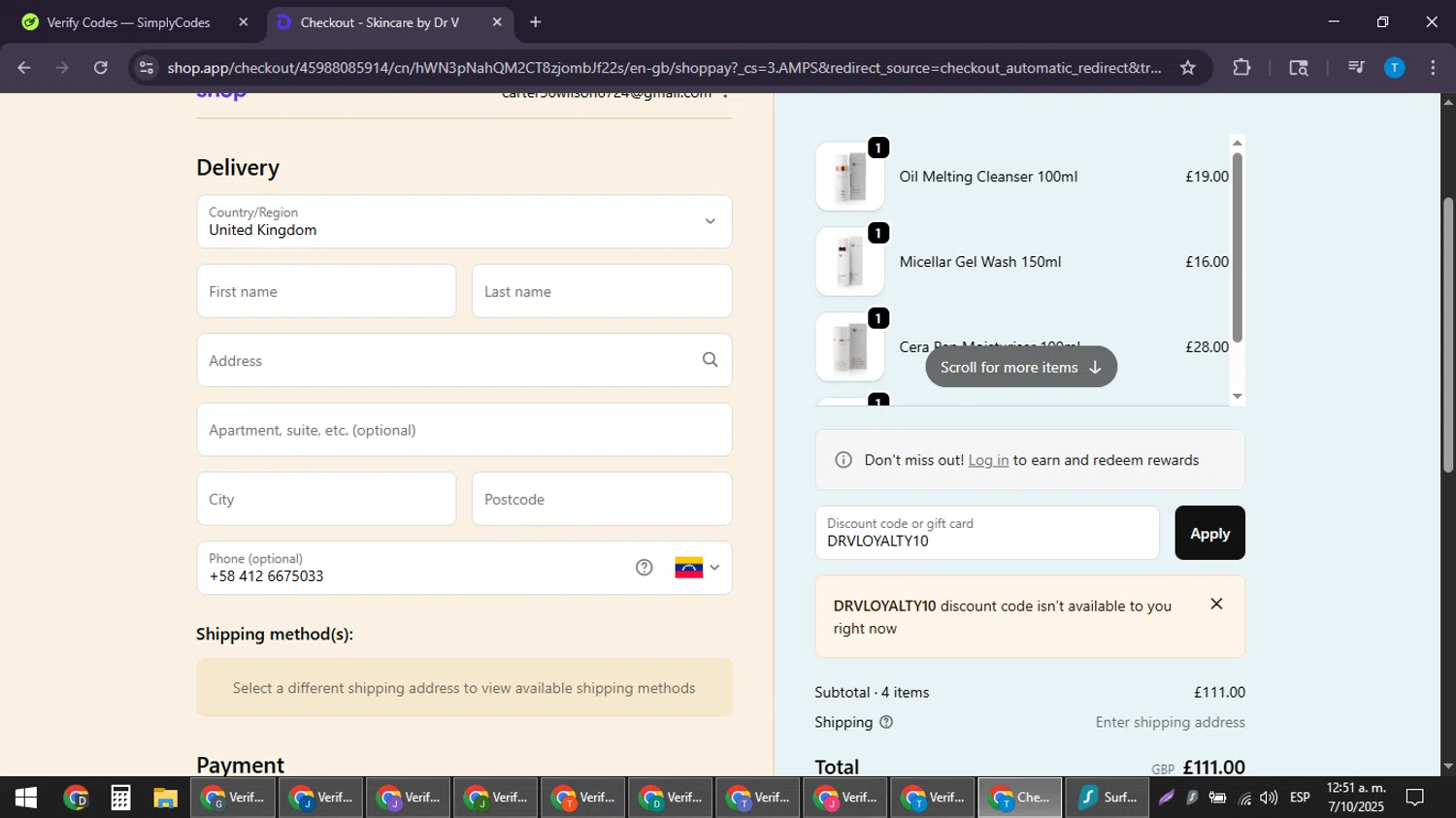 Skincare by Dr V discount code screenshot showing code DRVLOYALTY10 applied at Skincare by Dr V checkout page. Uploaded by SimplyCodes community member LuckyPioneer4530 on Oct 7, 2025