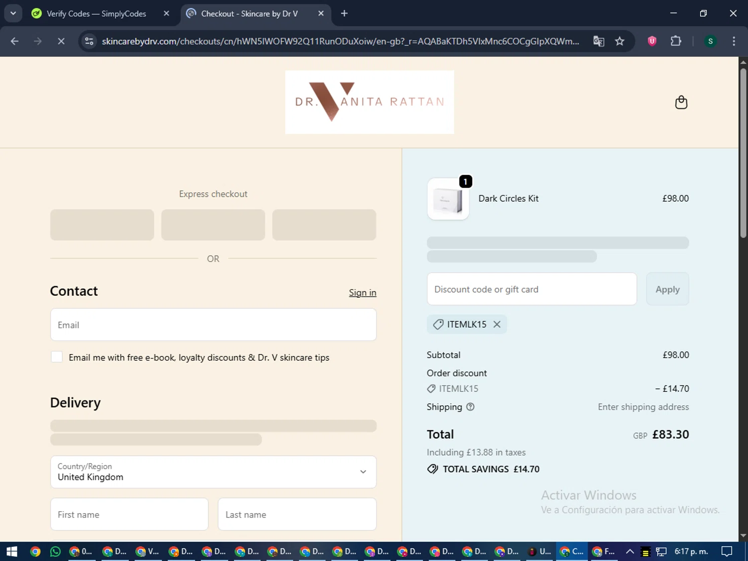Skincare by Dr V discount code screenshot showing code ITEMLK15 applied at Skincare by Dr V checkout page. Uploaded by SimplyCodes community member lilMosey on Nov 14, 2025