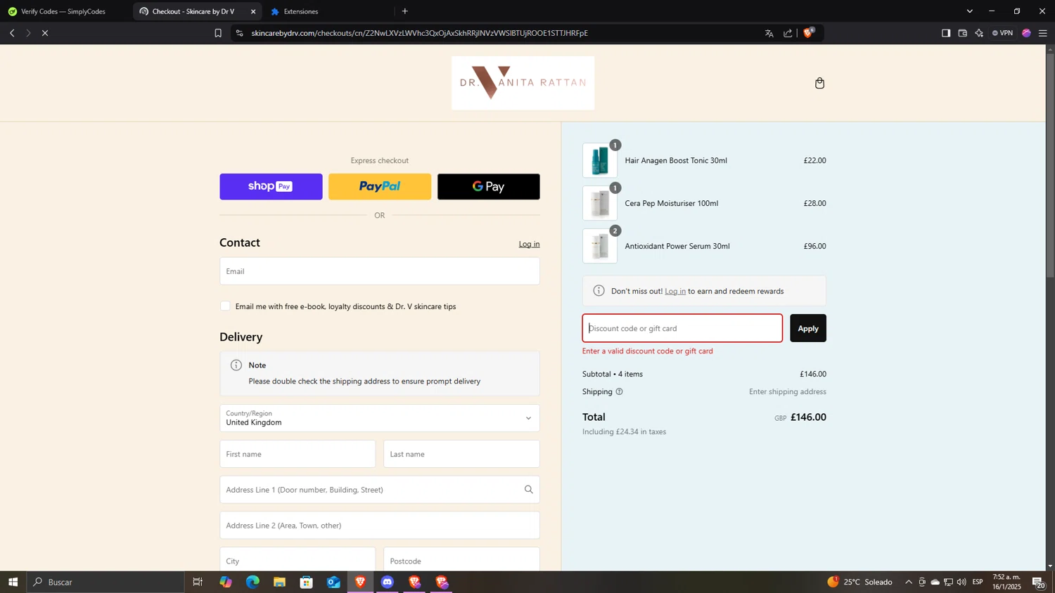 Skincare by Dr V discount code screenshot showing code DVCHKOUT5C applied at Skincare by Dr V checkout page. Uploaded by SimplyCodes community member CocuydePenca on Jan 16, 2025