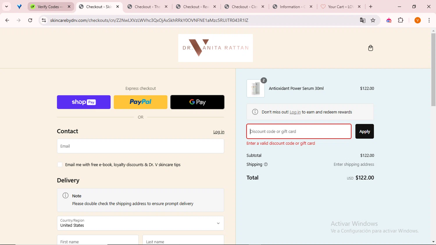 Skincare by Dr V discount code screenshot showing code DVCHKOUT5C applied at Skincare by Dr V checkout page. Uploaded by SimplyCodes community member ExtraordinarySaver9637 on Jan 16, 2025