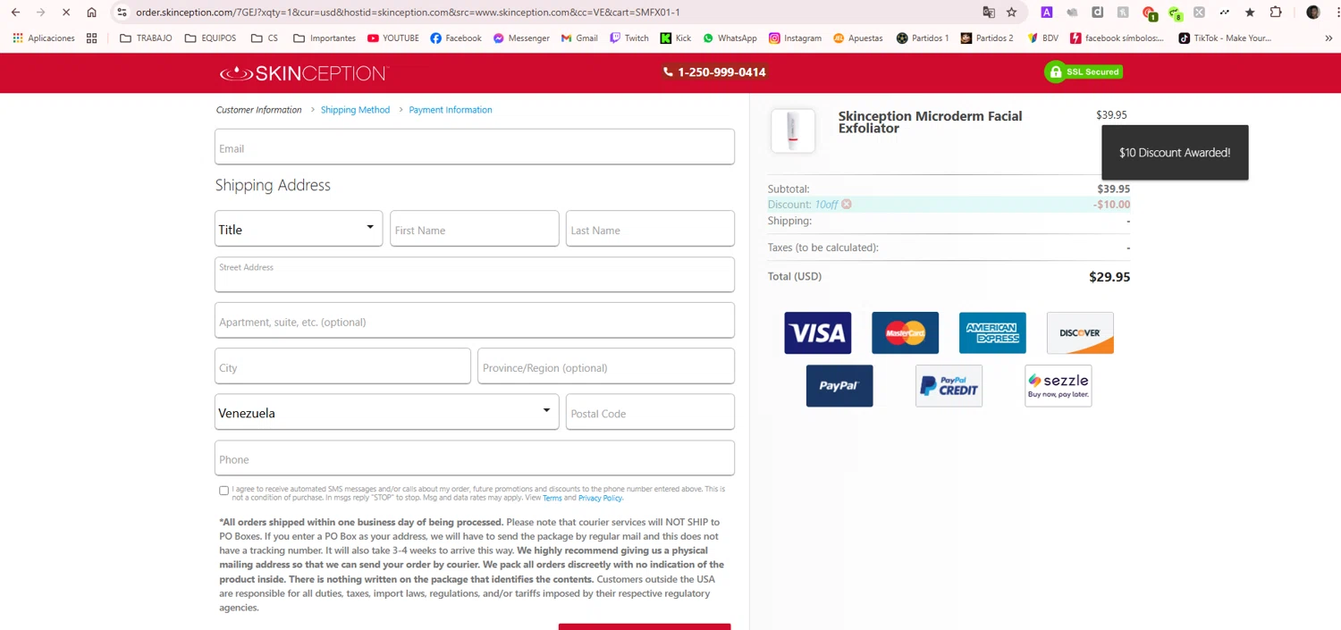 Skinception checkout page showing Skinception coupon code box | Screenshot taken by SimplyCodes community member on Jan 21, 2025