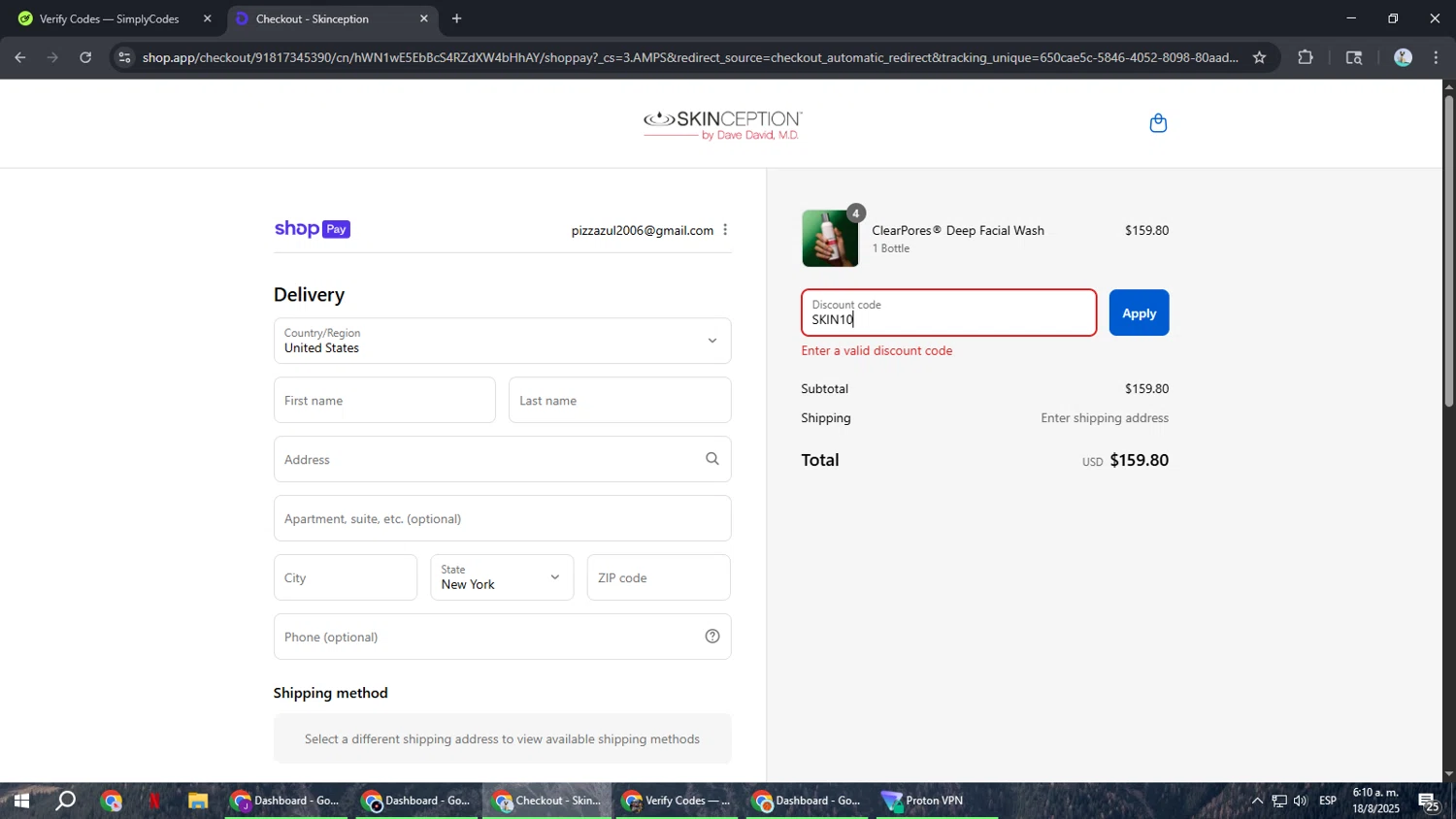 Skinception coupon code screenshot showing code SKIN10 applied at Skinception checkout page. Uploaded by SimplyCodes community member ShrewdSeeker6165 on Aug 18, 2025