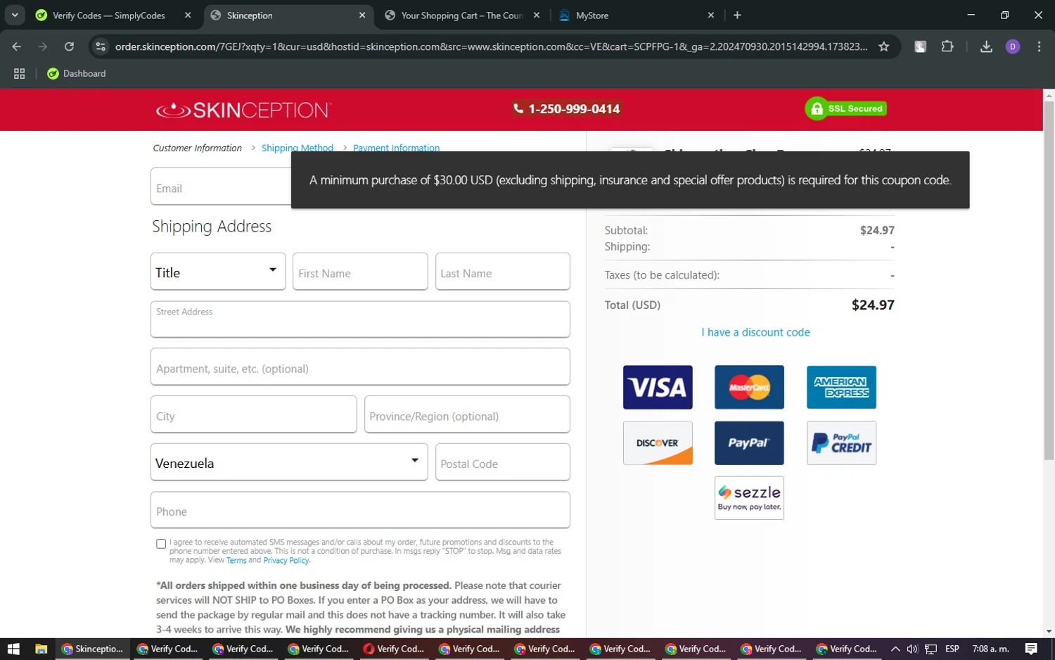 Skinception coupon code screenshot showing code SKIN10 applied at Skinception checkout page. Uploaded by SimplyCodes community member CashSleuth4660 on Jan 30, 2025