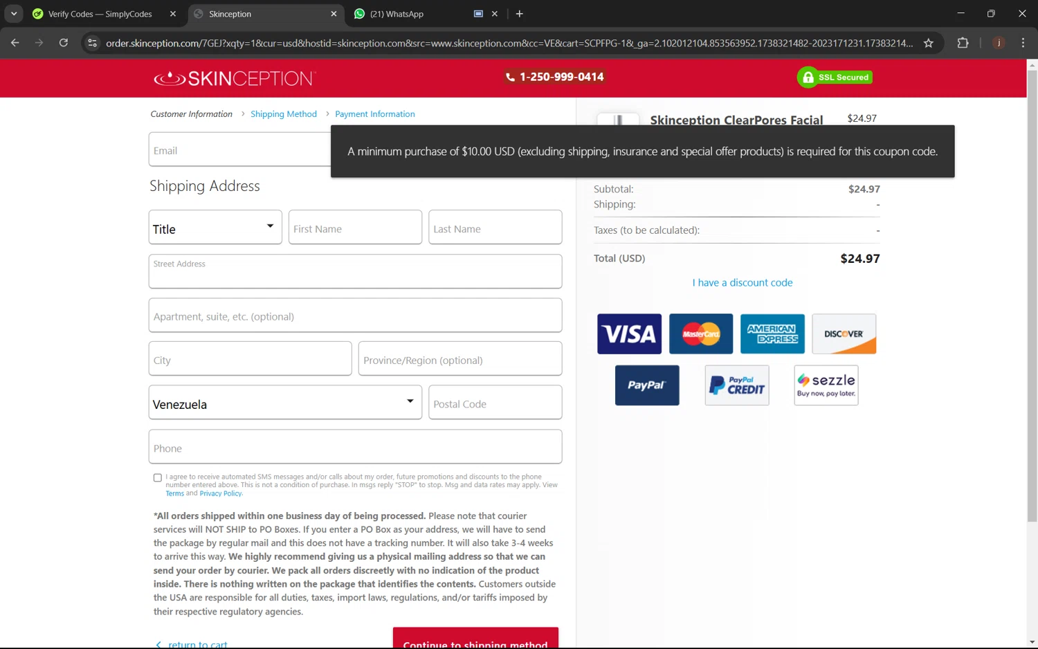 Skinception checkout page showing Skinception coupon code box | Screenshot taken by SimplyCodes community member on Jan 31, 2025