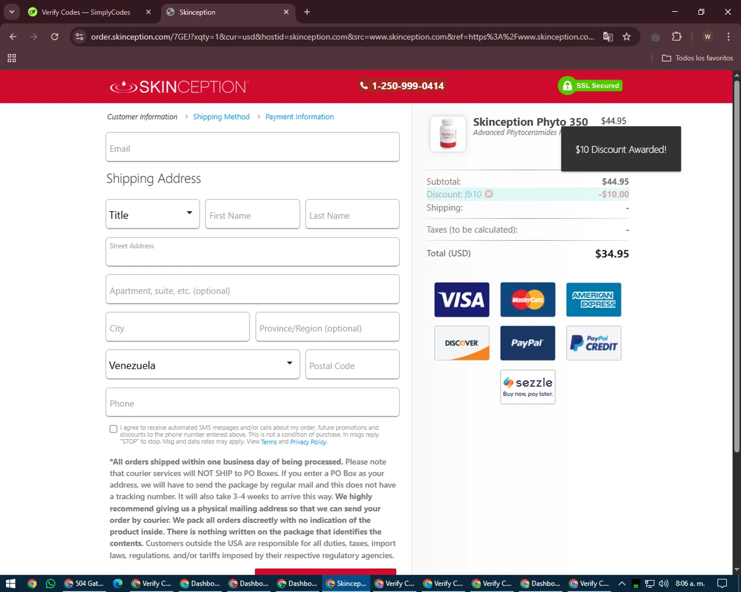 Skinception checkout page showing Skinception coupon code box | Screenshot taken by SimplyCodes community member on Apr 10, 2025