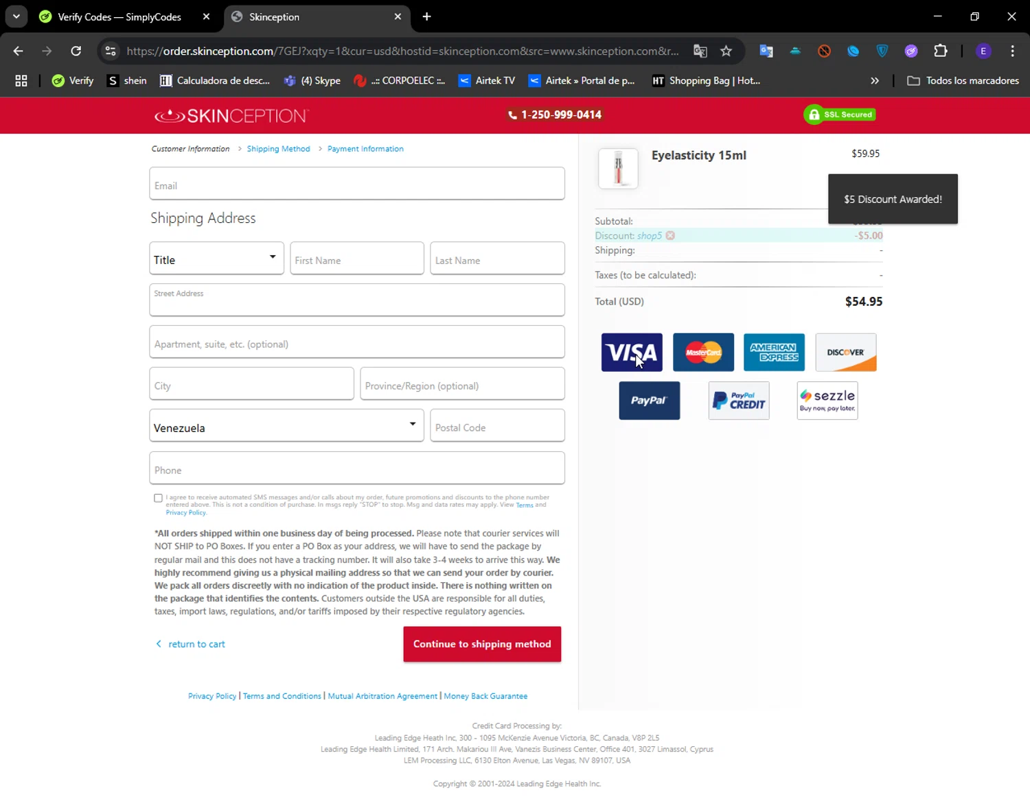 Skinception coupon code screenshot showing code SHOP5 applied at Skinception checkout page. Uploaded by SimplyCodes community member LuckyFinder274 on Jun 21, 2025