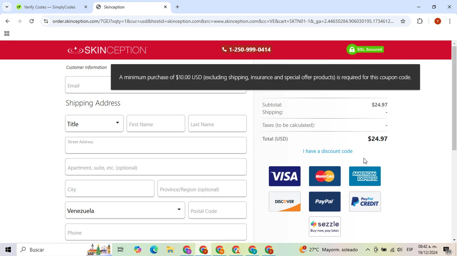 Skinception checkout page showing Skinception coupon code box | Screenshot taken by SimplyCodes community member on Dec 19, 2024
