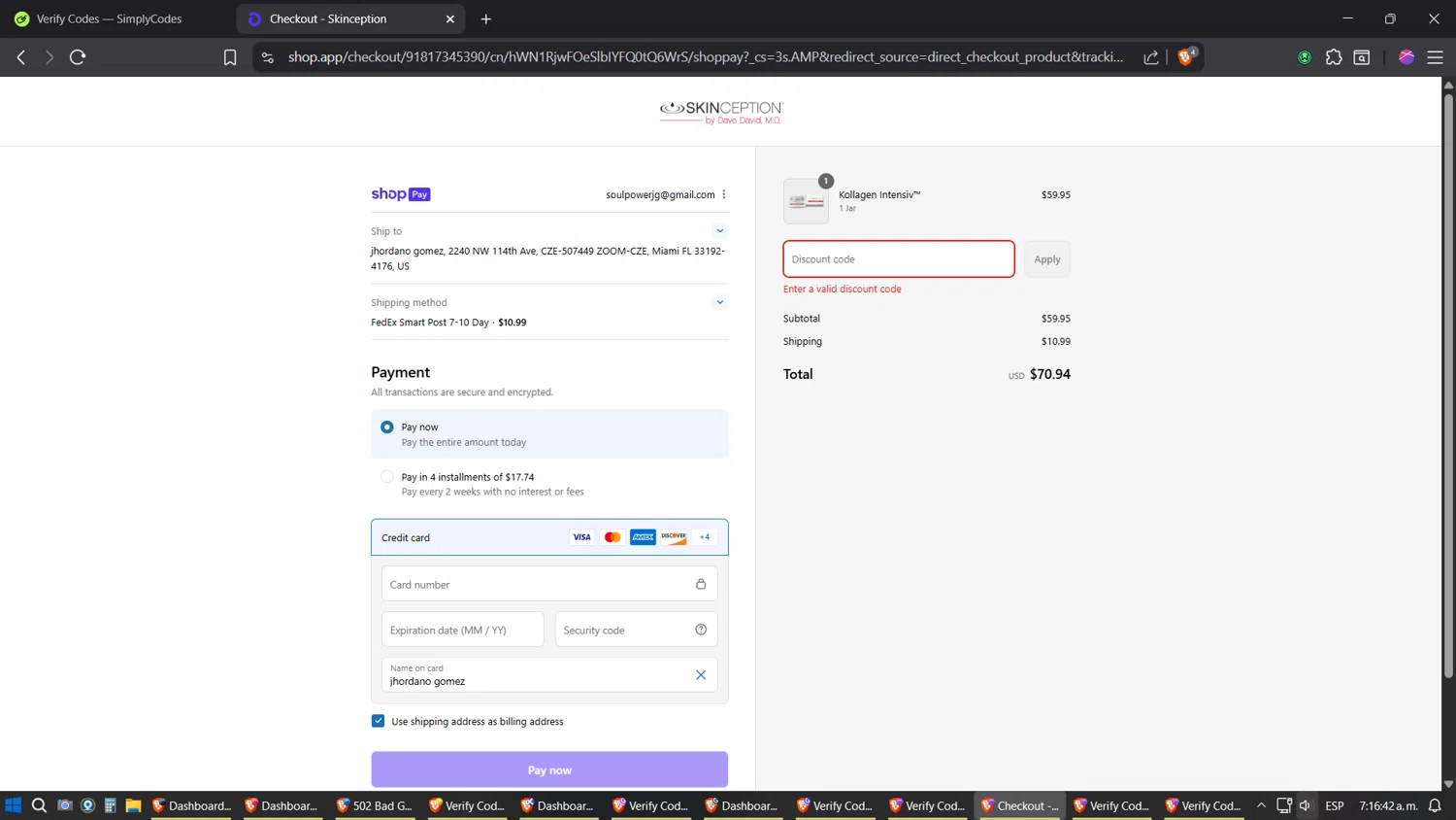Skinception coupon code screenshot showing code OFFER10 applied at Skinception checkout page. Uploaded by SimplyCodes community member jhordano on Aug 5, 2025