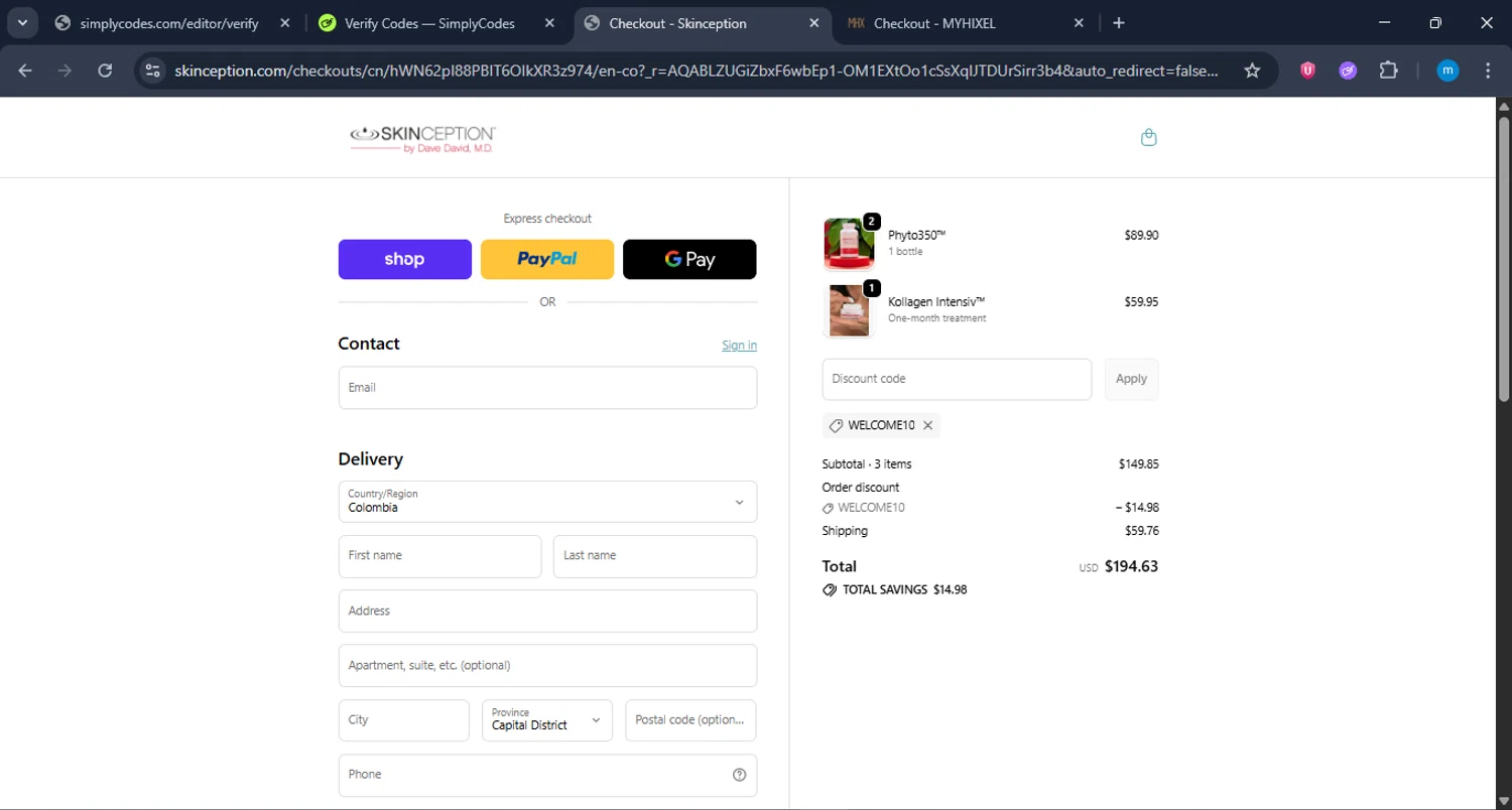 Skinception coupon code screenshot showing code WELCOME10 applied at Skinception checkout page. Uploaded by SimplyCodes community member LuckyWarden9122 on Dec 4, 2025