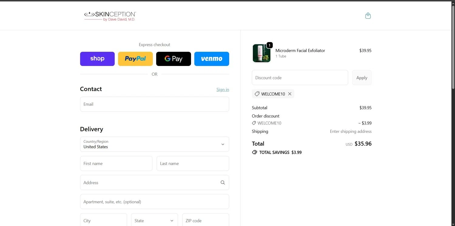 Skinception coupon code screenshot showing code WELCOME10 applied at Skinception checkout page. Uploaded by SimplyCodes community member Depressive on Nov 6, 2025