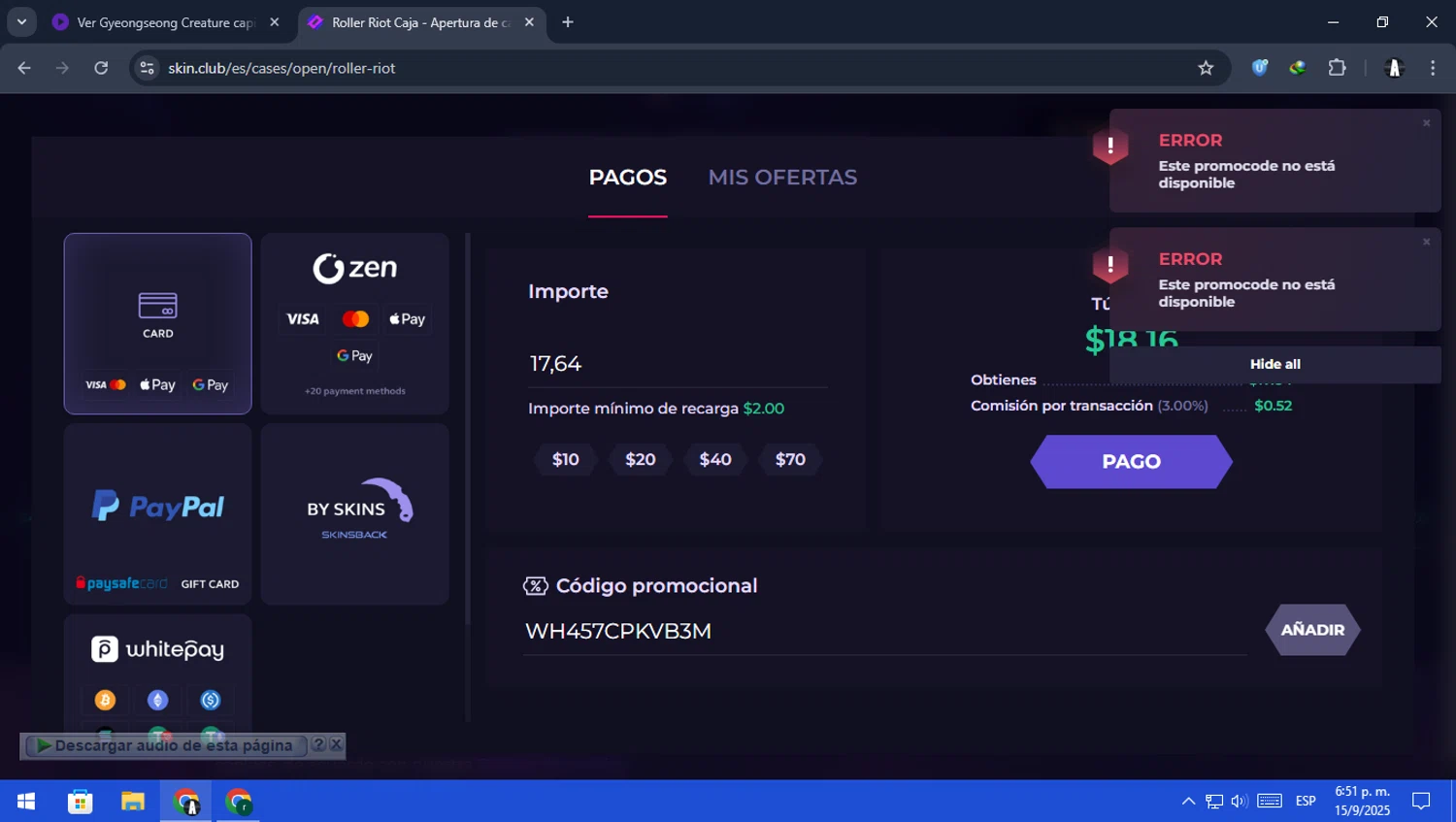 Skin.Club promo code screenshot showing code WH457CPKVB3M applied at Skin.Club checkout page. Uploaded by SimplyCodes community member rodri1 on Sep 15, 2025