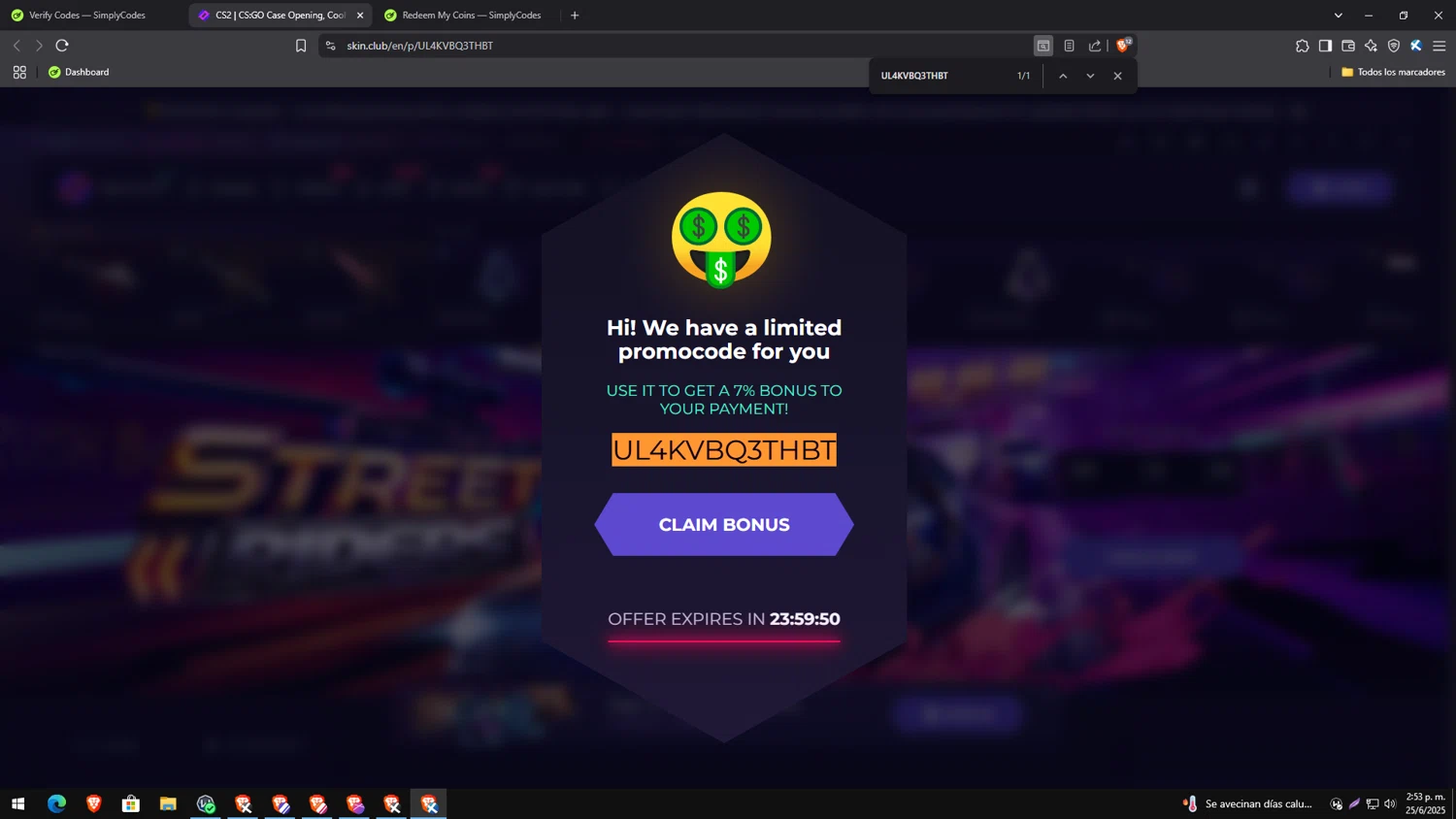 Verification screenshot for 7% Off Bonus to Your Payment at Skin. Club at Skin.Club — 11mo ago