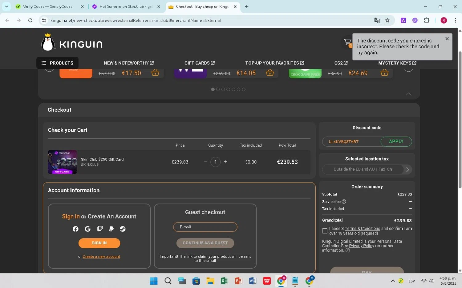 Verification screenshot for 7% Off Bonus to Your Payment at Skin. Club at Skin.Club — 10mo ago