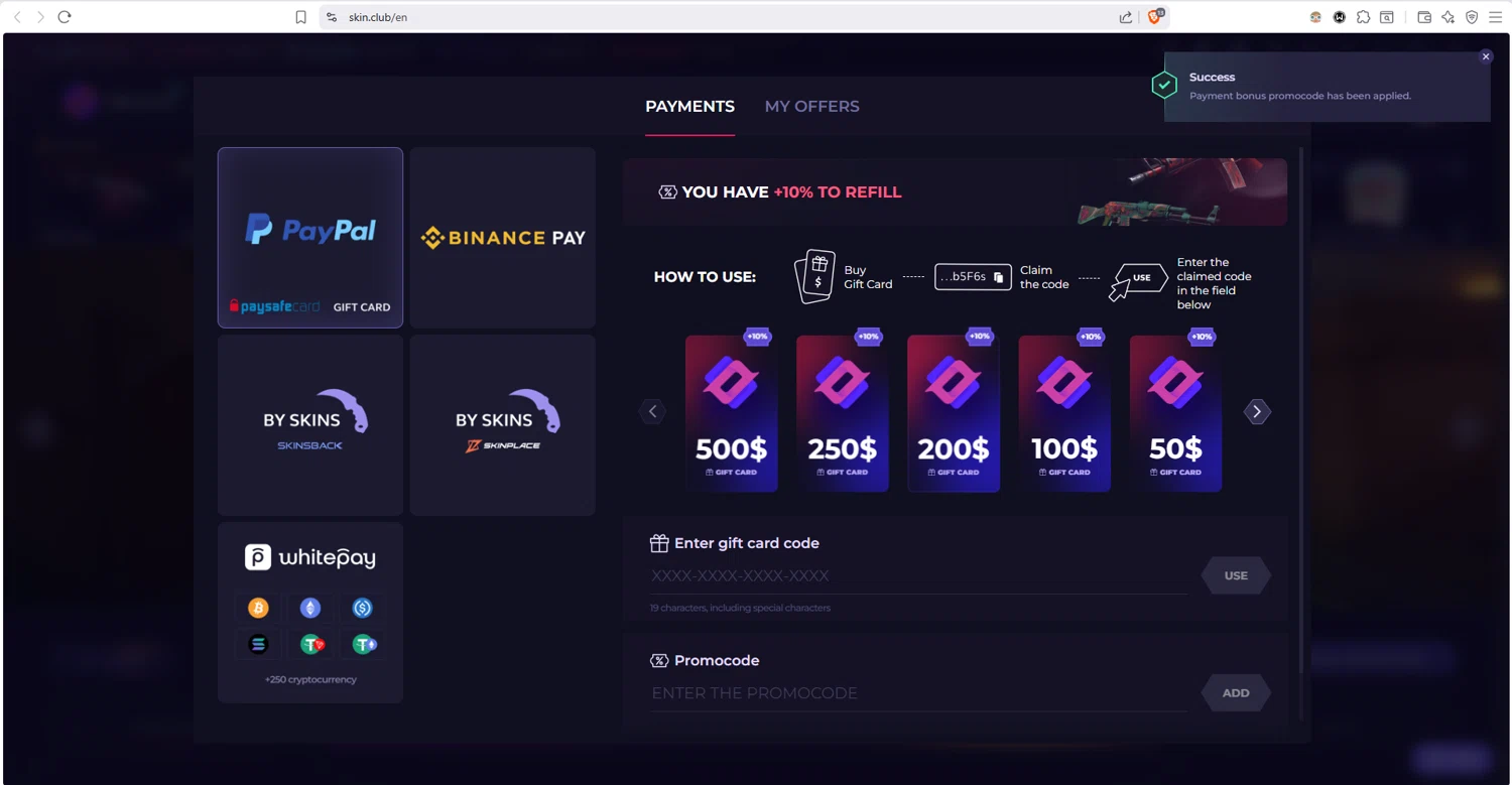 Skin.Club checkout page showing Skin.Club promo code box | Screenshot taken by SimplyCodes community member on Jan 19, 2026