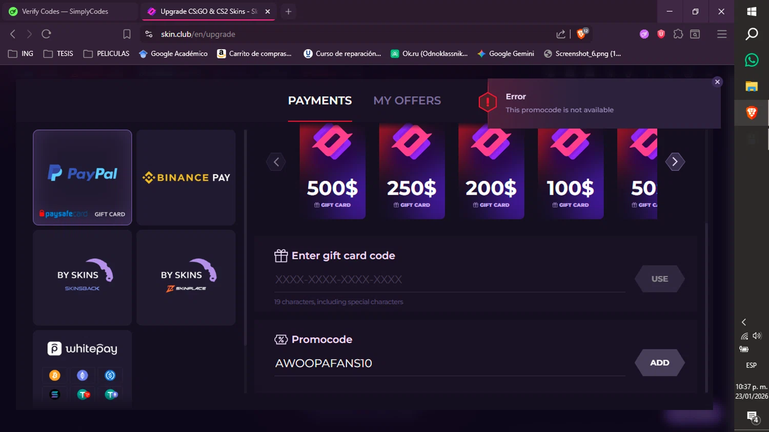 Skin.Club promo code screenshot showing code AWOOPAFANS10 applied at Skin.Club checkout page. Uploaded by SimplyCodes community member xXdevoragoticas69Xx on Jan 24, 2026