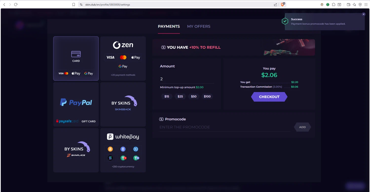 Skin.Club checkout page showing Skin.Club promo code box | Screenshot taken by SimplyCodes community member on Jan 18, 2026
