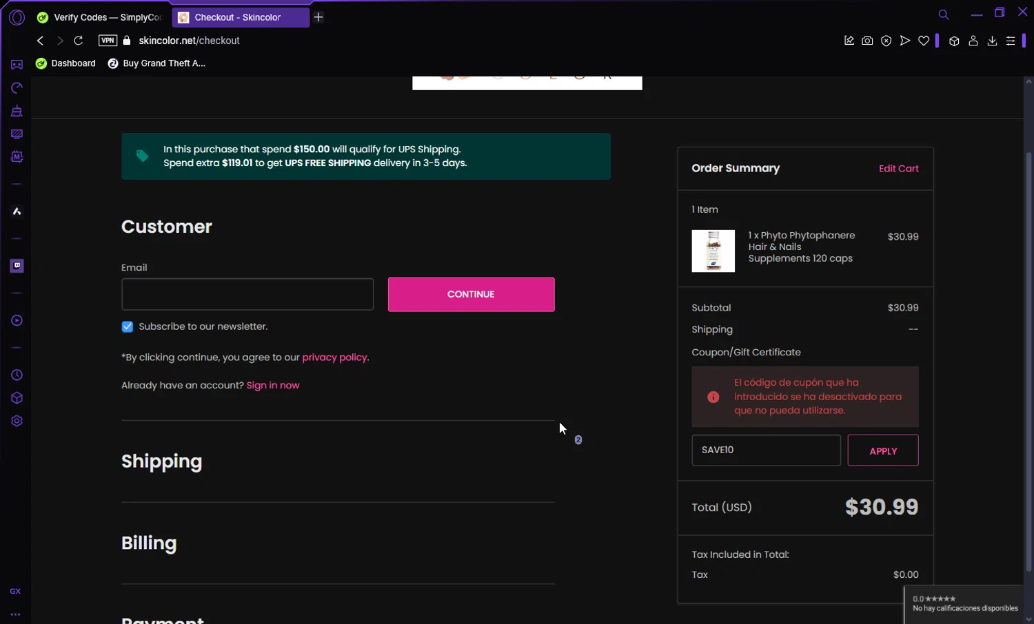 Skin Color coupon code screenshot showing code SAVE10 applied at Skin Color checkout page. Uploaded by SimplyCodes community member Darka007 on Jan 10, 2025