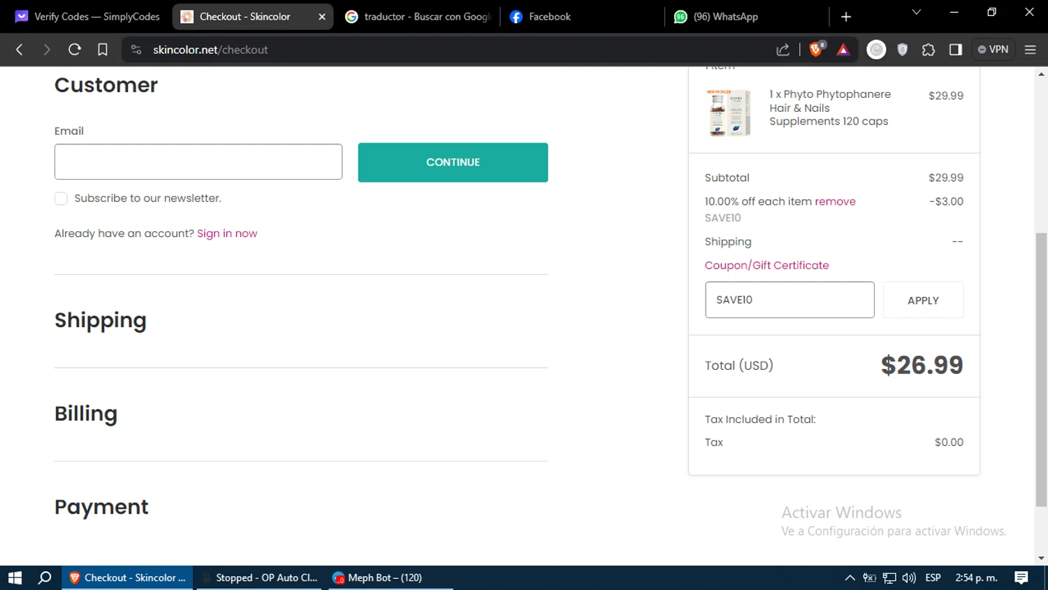 Skin Color checkout page showing Skin Color coupon code box | Screenshot taken by SimplyCodes community member on Mar 1, 2024