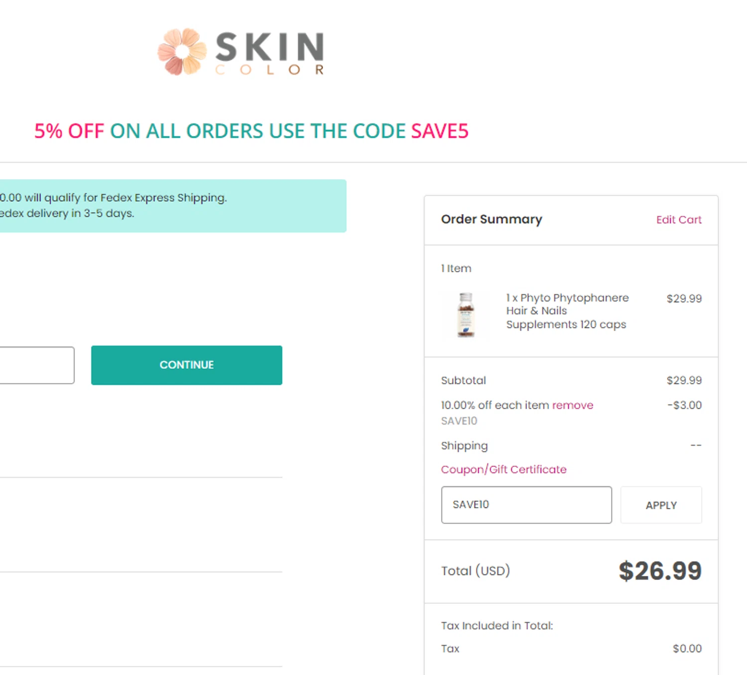Skin Color checkout page showing Skin Color coupon code box | Screenshot taken by SimplyCodes community member on Mar 20, 2024