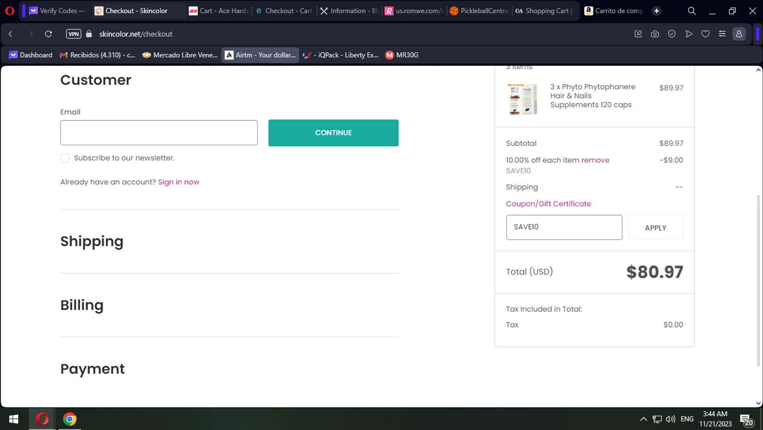 Skin Color checkout page showing Skin Color coupon code box | Screenshot taken by SimplyCodes community member on Nov 21, 2023