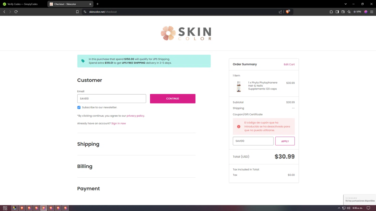 Skin Color coupon code screenshot showing code SAVE10 applied at Skin Color checkout page. Uploaded by SimplyCodes community member bakyhatman1020 on Jan 10, 2025
