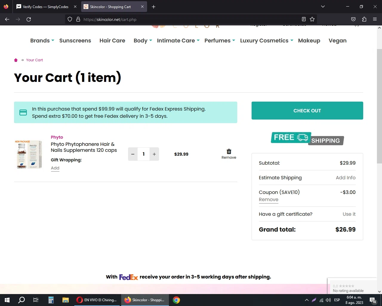 Skin Color checkout page showing Skin Color coupon code box | Screenshot taken by SimplyCodes community member on Aug 8, 2023