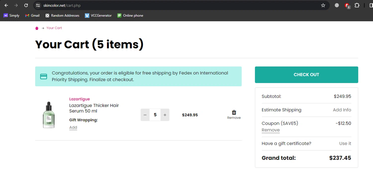 Skin Color checkout page showing Skin Color coupon code box | Screenshot taken by SimplyCodes community member on Feb 10, 2024