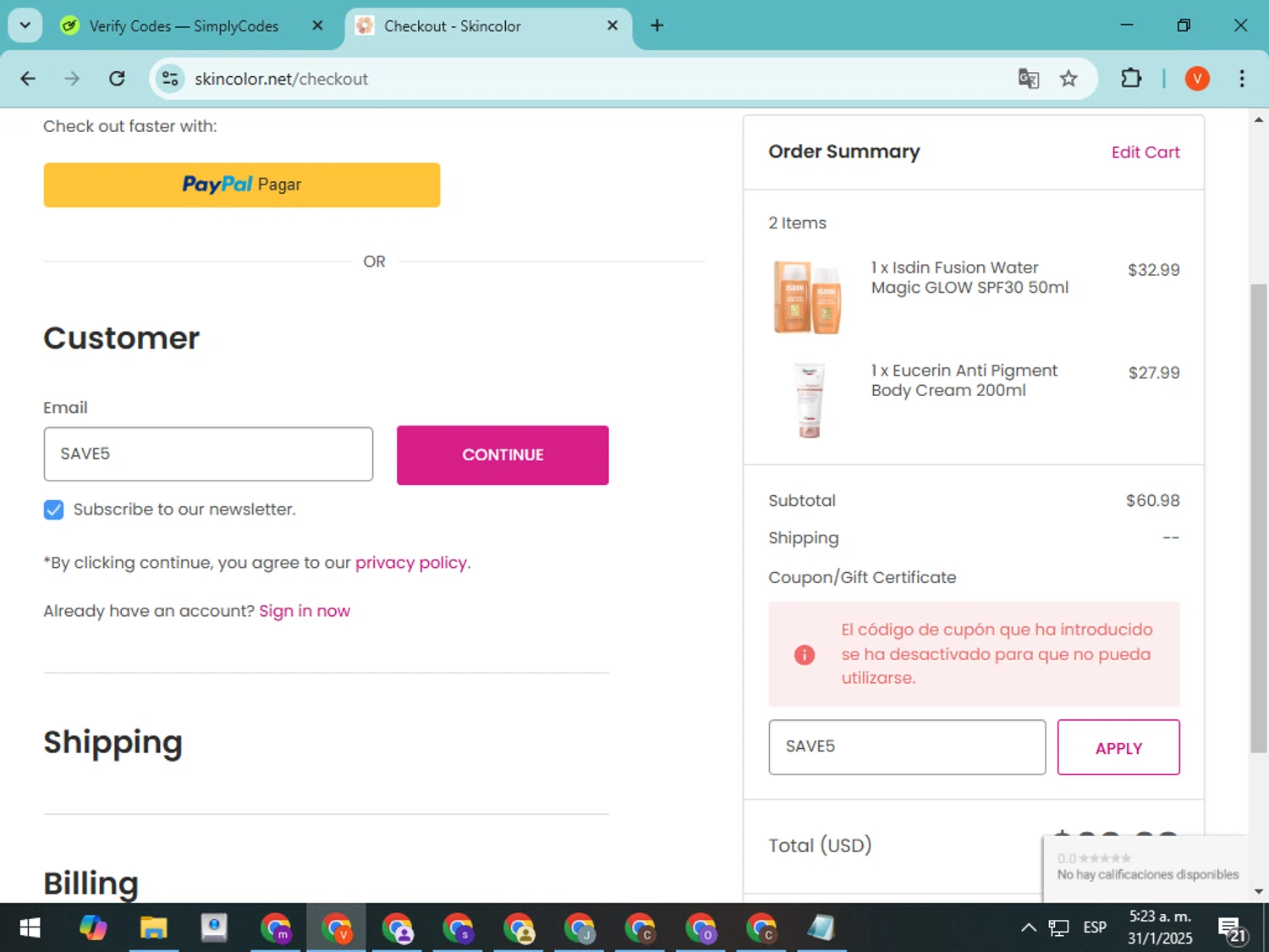 Skin Color coupon code screenshot showing code SAVE5 applied at Skin Color checkout page. Uploaded by SimplyCodes community member CodeMonarch8148 on Jan 31, 2025