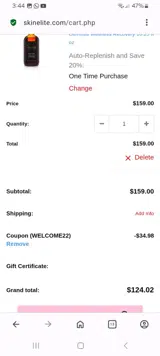 WELCOME22 coupon verification screenshot