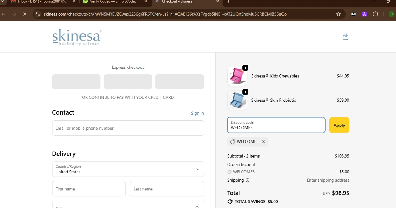 Skinesa discount code screenshot showing code WELCOME5 applied at Skinesa checkout page. Uploaded by SimplyCodes community member SnoopDogg on Nov 16, 2025