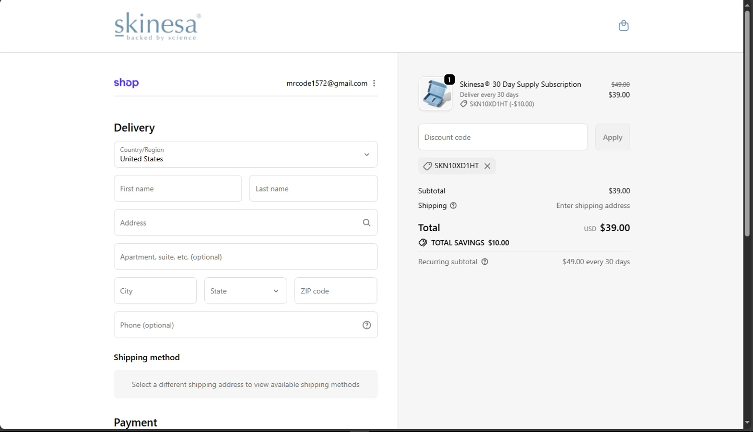 Skinesa discount code screenshot showing code SKN10XD1HT applied at Skinesa checkout page. Uploaded by SimplyCodes community member TokioMiller on Oct 28, 2025