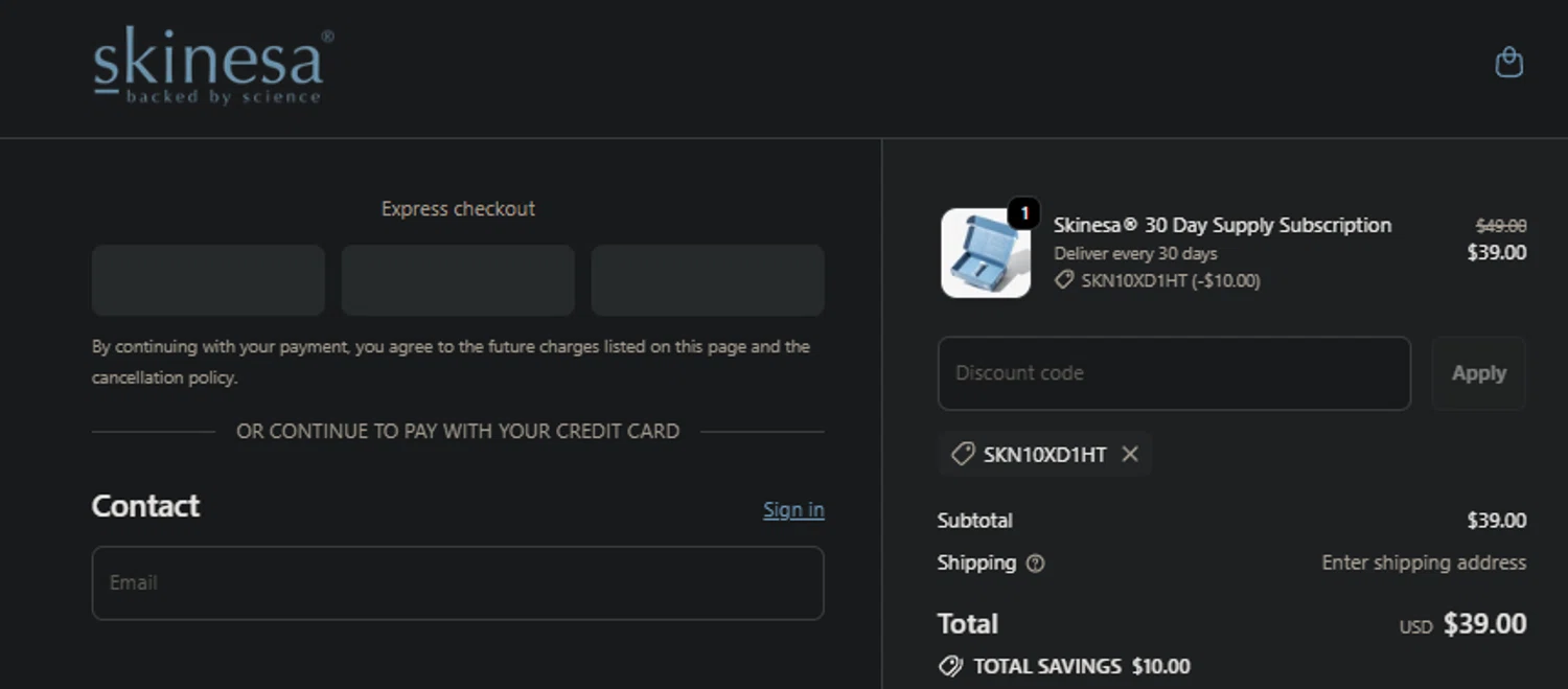 Skinesa discount code screenshot showing code SKN10XD1HT applied at Skinesa checkout page. Uploaded by SimplyCodes community member idkxxx on Nov 4, 2025