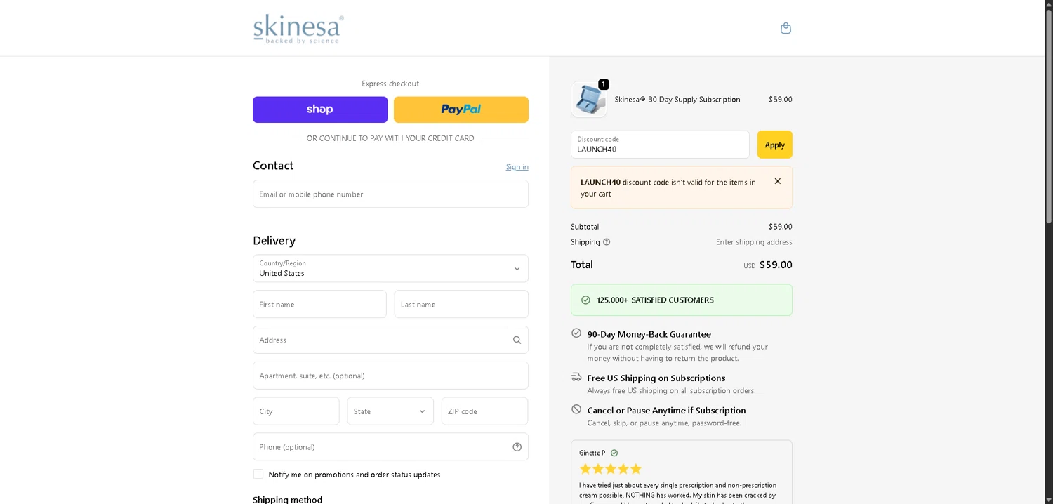 Skinesa discount code screenshot showing code LAUNCH40 applied at Skinesa checkout page. Uploaded by SimplyCodes community member CleverLynx8583 on Dec 15, 2025