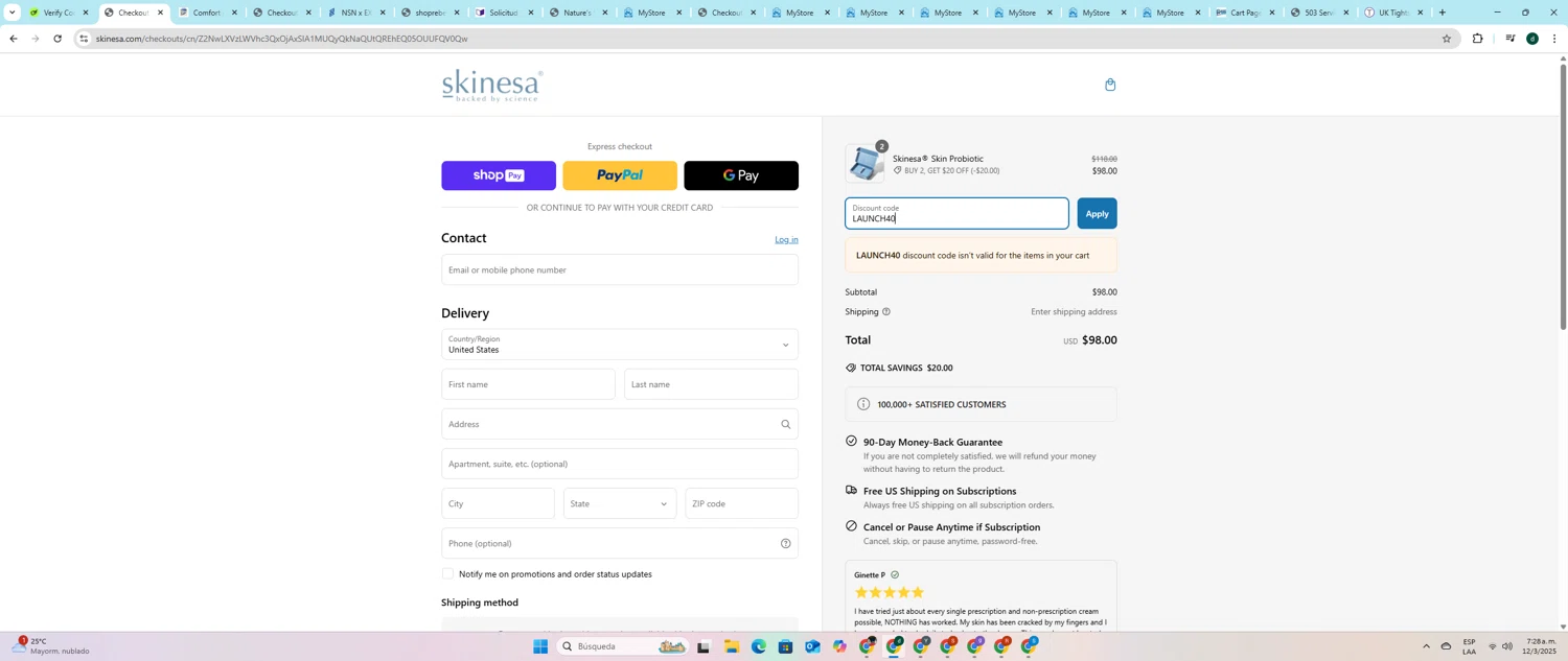 Skinesa discount code screenshot showing code LAUNCH40 applied at Skinesa checkout page. Uploaded by SimplyCodes community member darlisiglesias on Mar 12, 2025