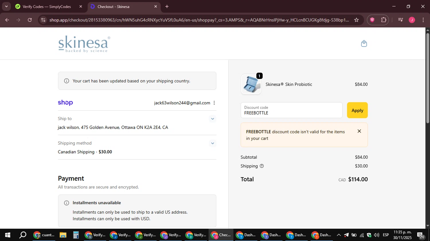Skinesa discount code screenshot showing code FREEBOTTLE applied at Skinesa checkout page. Uploaded by SimplyCodes community member JackWilson63 on Dec 1, 2025