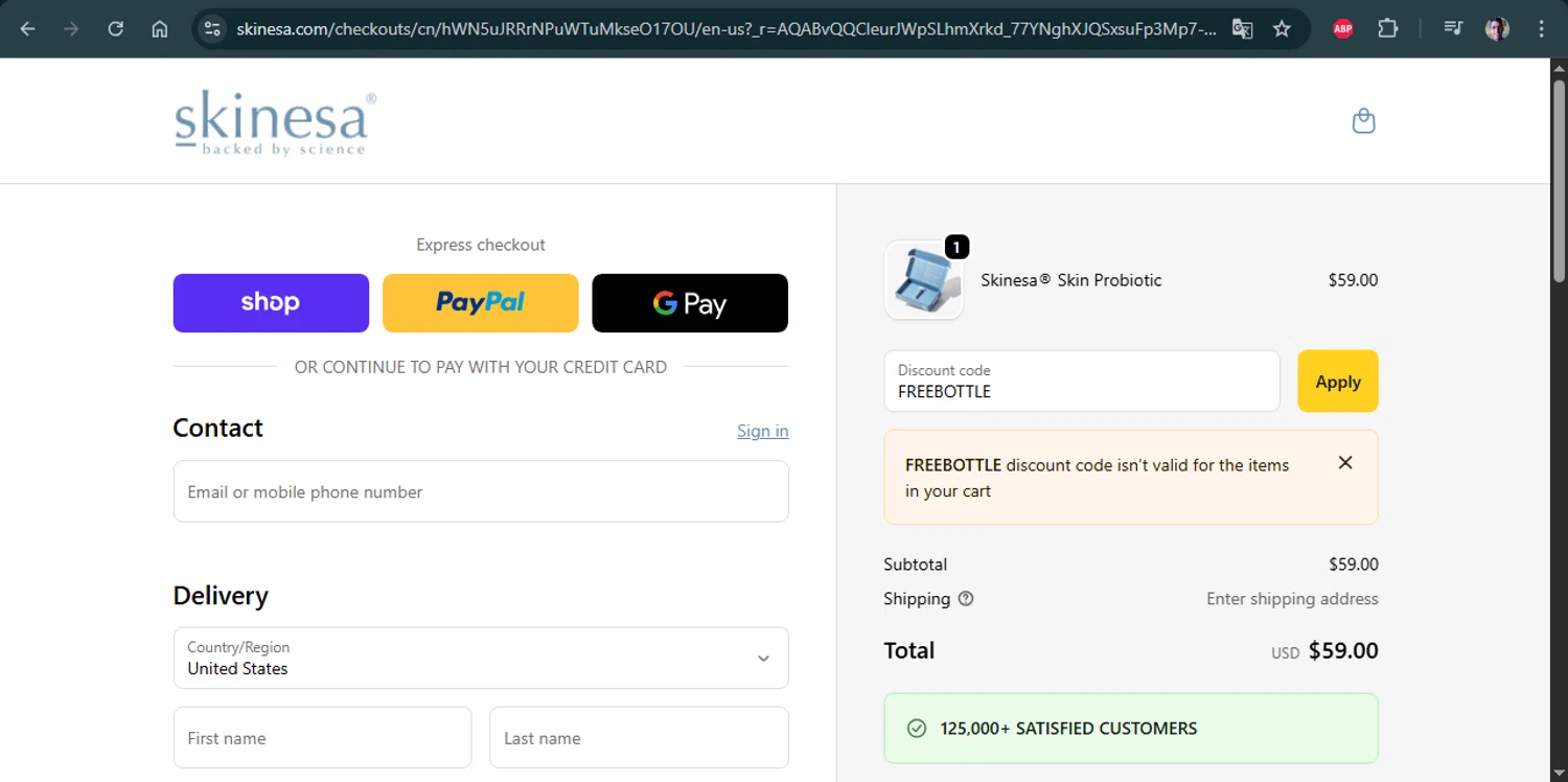 Skinesa discount code screenshot showing code FREEBOTTLE applied at Skinesa checkout page. Uploaded by SimplyCodes community member Marboro on Nov 30, 2025