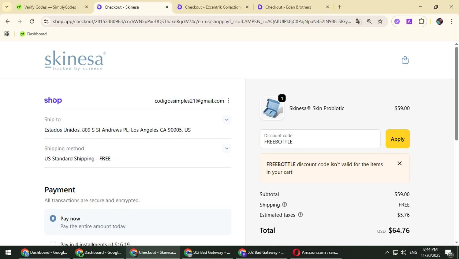 Skinesa discount code screenshot showing code FREEBOTTLE applied at Skinesa checkout page. Uploaded by SimplyCodes community member Typhlosion on Dec 1, 2025